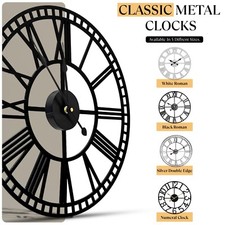 Large Roman Numeral Wall Clock Open Round Face Metal Home Decor Garden Clock UK
