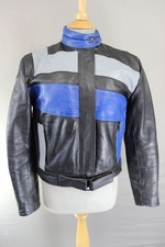 BLACK, BLUE & GREY KETT COWHIDE LEATHER BIKER JACKET: SIZE 14 36-38 INCH CHEST