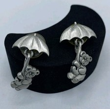 Vintage JJ Jonette Pewter Articulated Bear Holding Umbrella Earrings
