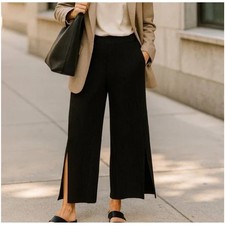 Eileen Fisher Black Ribbed Knit Wide Leg Split Hem Lounge Pants  Size LargeLarge