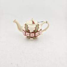 Mini Porcelain Teapot Ornament Cream Floral & Leaf Design Gold Trim 