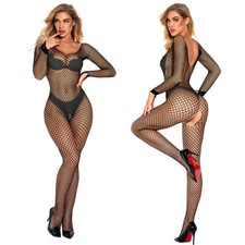 6-22 Body Fishnet Stocking Long Sleeve Crotchless Bodystocking Plus Size