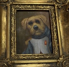 Vintage Oil Painting Dog In Uniform Small Guilt Frame Quirky Lovely Gift