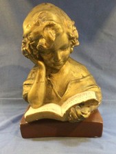ANTIQUE FRENCH PLASTER STATUE BUST, CHALK WARE SCHOOL GIRL