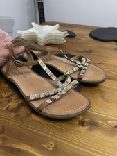 Tamaris Tan Leather Diamanté Embellished Flat Summer Sandals Uk 6 Eu 39 VGC