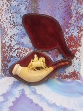 19th Century Carved Meerschaum Pipe  2 Horses Amber Stem & Case **see Descrip**