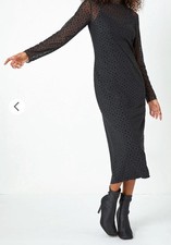 Dusk Fashion Black Polka Dot Print Mesh Midi Stretch Dress Women’s Size 14 UK