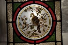 A Fine Edwardian Antique Stained Glass Square Panel with Bird Decorated Roundel
