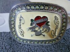 Vintage Ed Hardy Love Kills Slowly Belt Buckle And White Embossed Leather Belt
