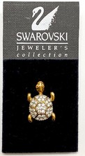 Swarovski Swan Signed Turtle Tortoise Tie Tack Lapel Pin Gold Tone Clear Crystal
