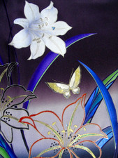 [AYANE]  LILIES & BUTTERFLIES  2 - Japanese Silk  KIMONO Fabric