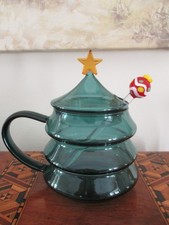 ANTHROPOLOGIE FROSTY  GREEN GLASS CHRISTMAS TREE MUG & STIRRER
