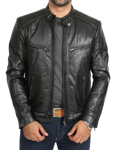 Mens black leather biker - leather,