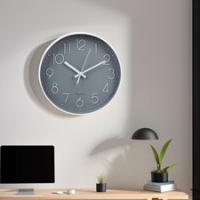 12" Modern Grey Face Wall Clock Silent Quartz Home Kitchen Bedroom Office Indoor
