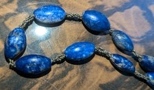 Vintage 1930s 1940s Lapis Lazuli Necklace Hand Cut Beads on Metallic Cord