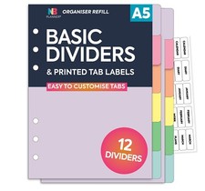 Filofax A5 size organiser compatible 12-part cardstock basic dividers + labels
