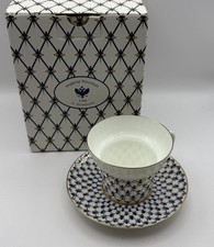 Lomonosov Imperial Porcelain Cobalt Net tea cup and saucer Original Box