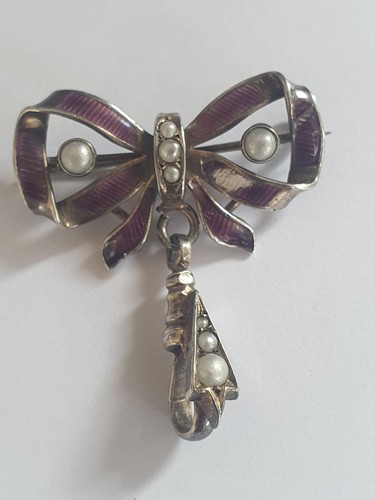 Silver enamel bow fob brooch - enamel,