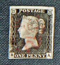 GB QV 1840 1d penny black SG3 worn plate. Red maltese cross 4 margins RA letters