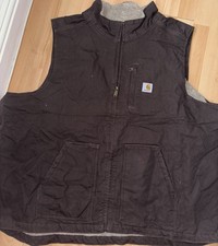 Carhartt Sherpa Lined Vest 2XL Brown Duck Canvas Workwear Gilet Relaxed Fit