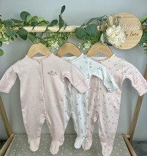 NEXT Baby Girls Set Of 3 Preloved White & Pink Sleepsuits Babygrows Upto 1 Month