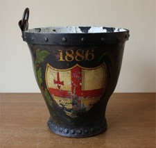 Antique Leather Fire Bucket. Studded Waste Paper Basket. City of London. 1886