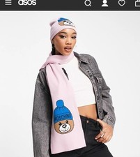 Women's MOSCHINO Pink Teddy Bear Logo Wool Blend Rectangular Scarf - RRP £85