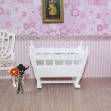 Miniature White Wooden Nursery Cradle Cot Baby Crib for 1/12 Dolls House