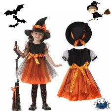 Girls Halloween Witches Hat Costume Set Kids Fancy Dress Witch Cosplay Outfit UK