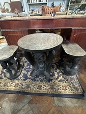 Antique Wooden Hand Carved Stylized Face Table& Gothic/gargoyle Designed Benches