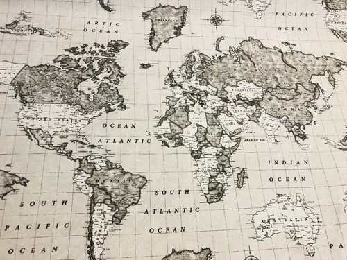 Grey world map fabric - grey, vintage
