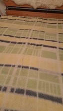 Vintage 100% heavy wool blanket. Primrose yellow, green, grey and cream.