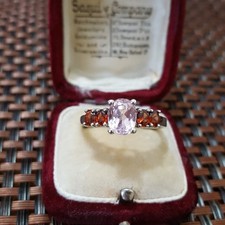 925 Sterling Silver Pink Kunzite & Red Garnet Ring UK Size S / US 9 / EU 60