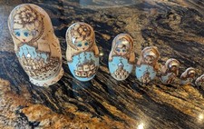 Russian Nesting 7 Dolls Babushka Matryoshka churches Pyrography Work Wooden 