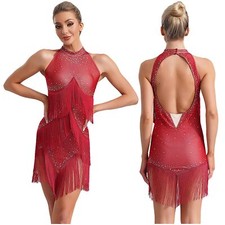 Women Tassel Latin Dance Costume Glitter Flapper Fringe Skirt Salsa ChaCha Dress