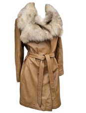 Real Leather&real Silver Fox Fur Vintage Lady's Trench Coat Mac Sz 12 14