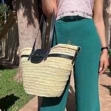 Handmade Woven palm straw french baskets with Black leather straps
