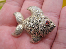 Vintage Solid Silver & Marcasite & Gemstone Brooch Fish / Goldfish / Aquarium