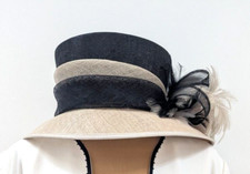 Jacques Vert Sinamay Hat Wedding Races Black Neutral Flower Feather Bow
