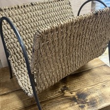 Vintage Rustic Style Rattan Sea Grass & Black Metal Magazine Rack Holder
