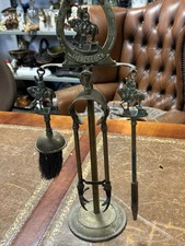 Antique “Here’s Luck”horse Shoe Brass Fireside Companion With Tongs Brush&poker