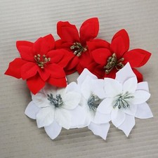 Artificial Velvet Poinsettia Picks with Glitter Stamens and Stems Bulk Xmas