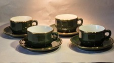 4 Apilco French bistro green & gold Coffee Cups & Saucers France