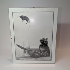 Vintage Black & White Kitten & Mouse Kitchen Art Print Picture 12x9.5" Used Cond
