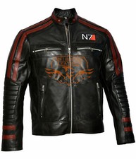 MASS EFFECT 3 N7 COMMANDER SHEPARD BIKER REAL LEATHER BLACK JACKET XS S M L XL