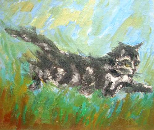 Running tabby cat - original, oil