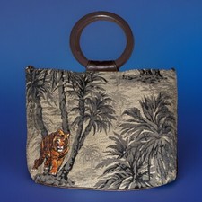 Tiger In Jungle Tapestry Handbag Embroidered Round Wooden Handles Rare By Bueno