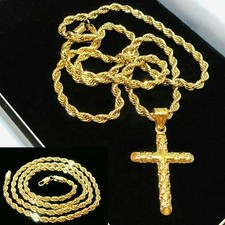 Mens Deluxe 18k Yellow Gold Filled Cross Pendant 4mm Thick chain 24" Length GIFT