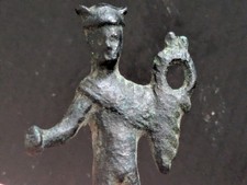 Roman bronze figure of a God. Holding Amphora? Great Patination!
