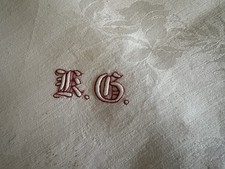 Antique 1920 French Damask Linen Banquet Tablecloth Hd Hemmed EG Mono 88”/70”